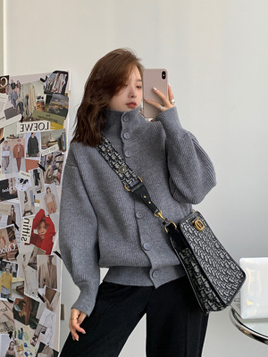 女装2021早春新款休闲纯色街头风均码高领宽松立领毛衣开衫女潮