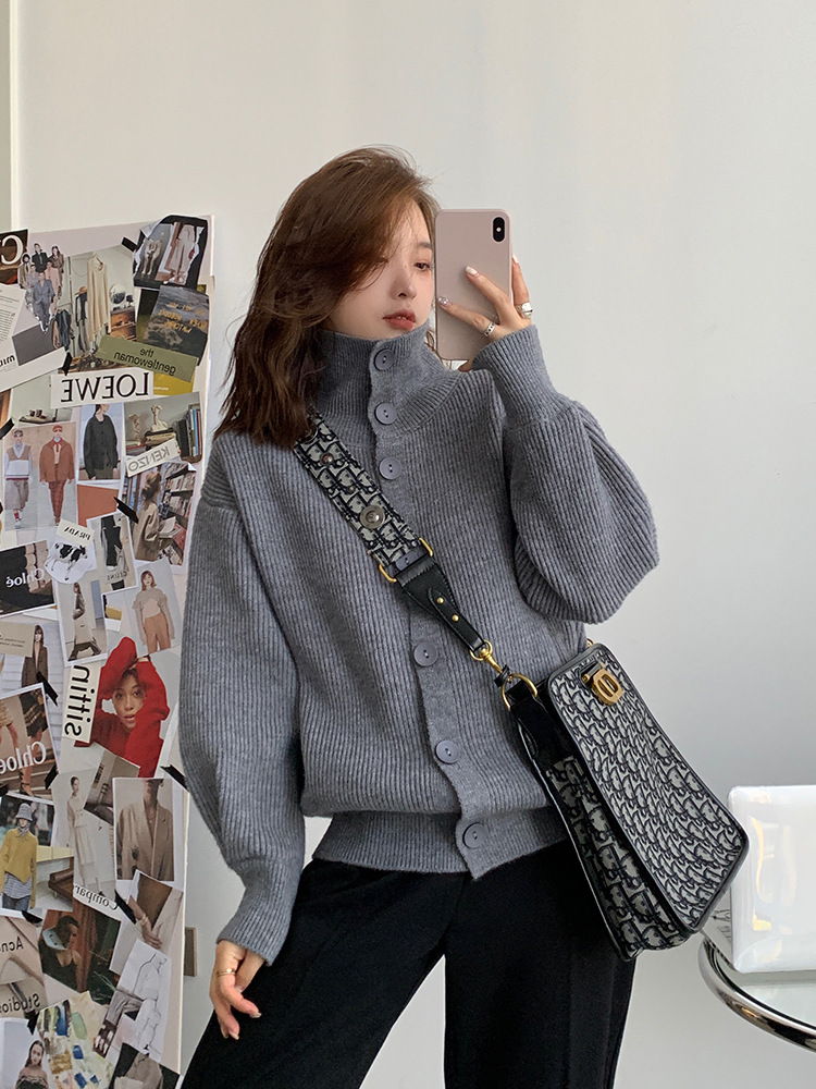 女装2021早春新款休闲纯色街头风均码高领宽松立领毛衣开衫女潮