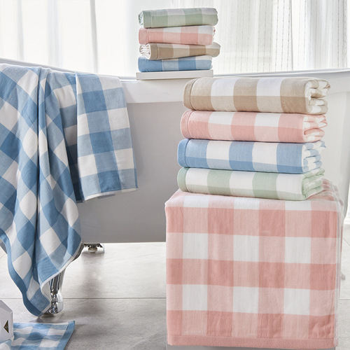 Direct supply from a flower pattern towel manufacturer, supporting one-piece dropshipping. Plain check pattern square hand towels and bath towels.