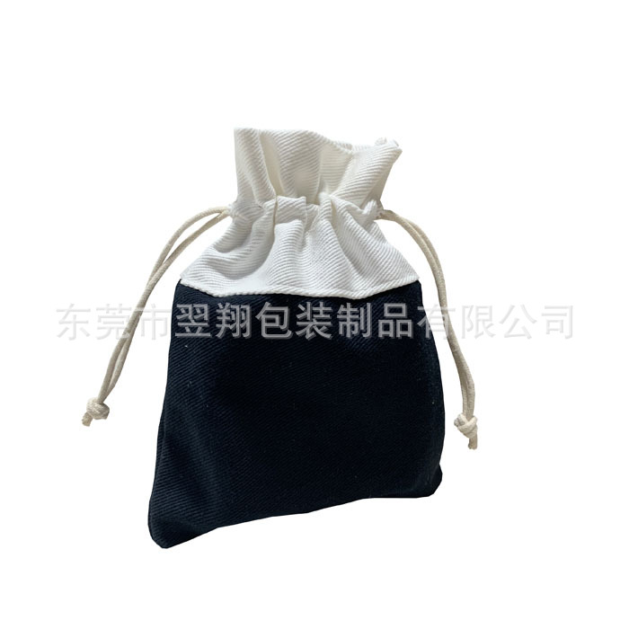 【厂家定制】蓝色斜纹棉布帆布棉麻束口袋拼接撞色穿绳拉绳包装袋