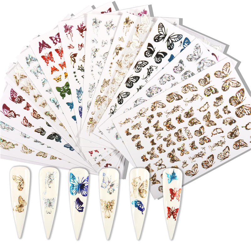 Pegatinas de uñas populares transfronterizas traje pegatinas de mariposa láser hueco pegatinas de uñas de mariposa luminosa colorida traje