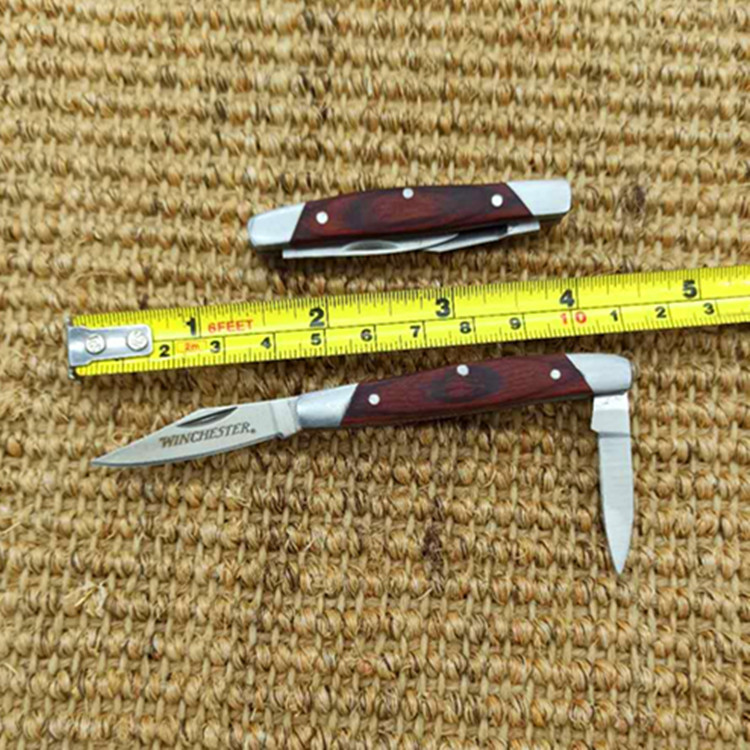 厂家直供迷您双开彩木柄野营折叠刀户外双开折刀开快递箱小刀