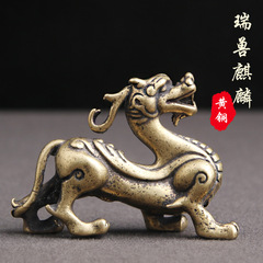 黃銅實心做舊防古玩麒麟擺件招財進寶老銅器居家茶寵手把件工藝品