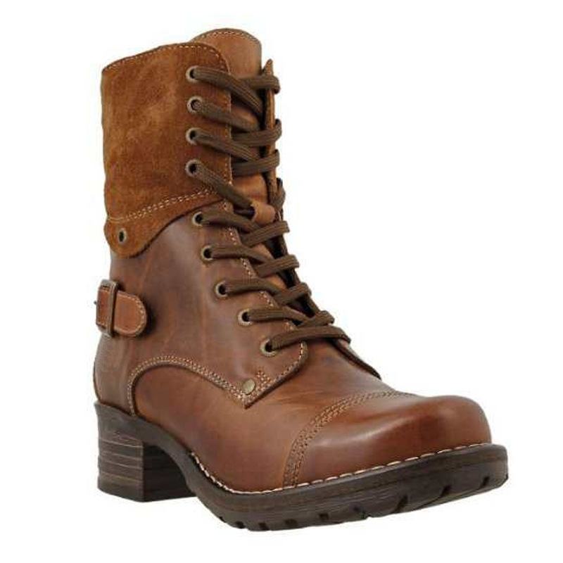 New round head women's thick heels lace-up solid color women's motorcycle boots_voghion.com