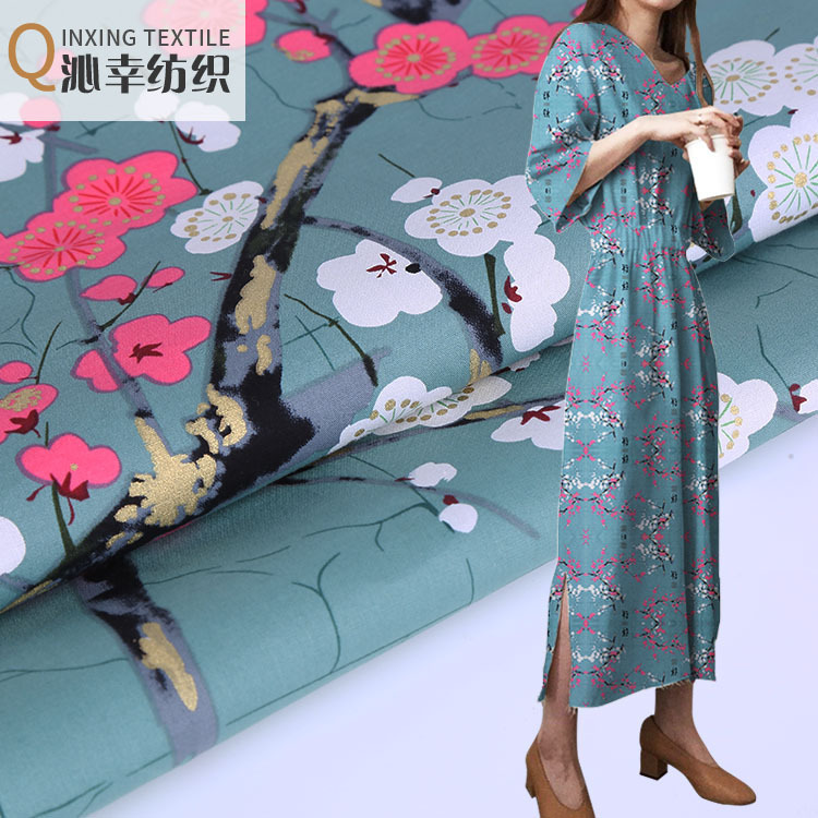 现货 日系和风 125g弹力府绸烫金日式梅花旗袍连衣裙面料