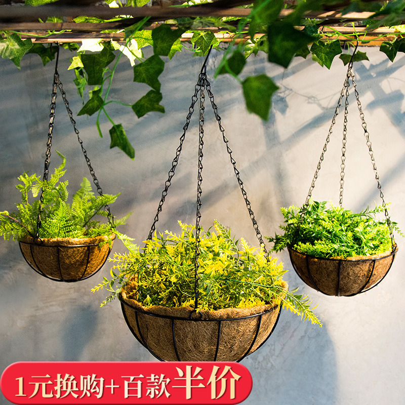 American Country Pastoral Dried Flower Hanging Basket Straw Woven Hanging Small Flower Basket Woven Flower Pot Middle Coconut Palm + Iron Hanging Decoration