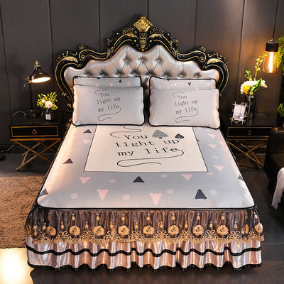 新品可水洗機洗900D大版數碼印花冰絲涼席床裙三件套空調涼席批發