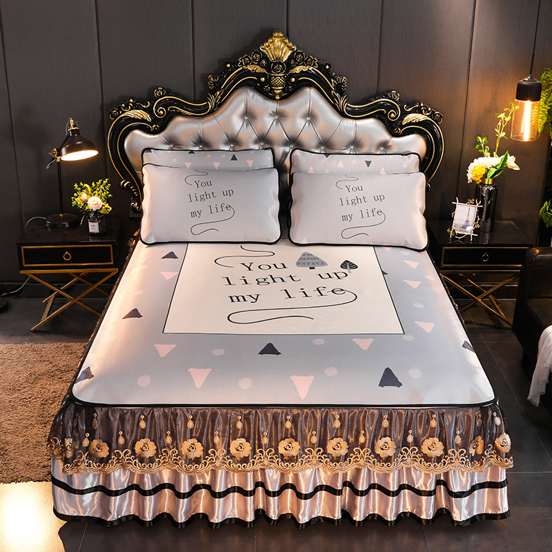 新品可水洗機洗900D大版數碼印花冰絲涼席床裙三件套空調涼席批發