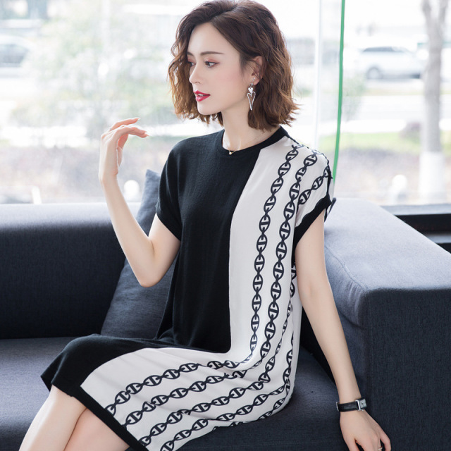 Ice silk knitting medium length T-shirt skirt women’s color blocking loose dress thin base skirt