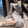 Sexy high neck solid slit A-line dress party date dress long sleeve dress