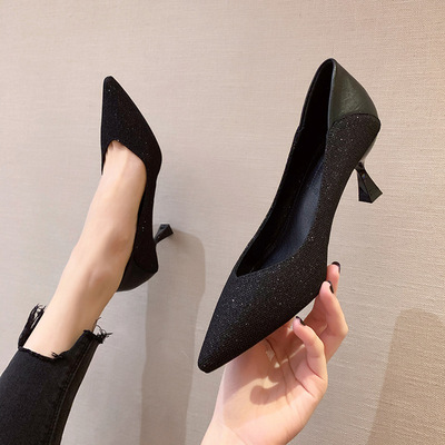 Korean version of the new 2020 Step with High-heeled shoes Tip Stiletto Shallow mouth Simplicity Versatile Single shoes Occupation work Women's Shoes
