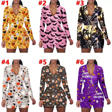 European and American women's Halloween Printed long sleeve shorts home Jumpsuit - ShopShipShake
