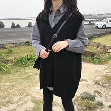 秋季黑色v领无袖马甲毛针织衫女新款韩版气质显身材套头毛衣背心