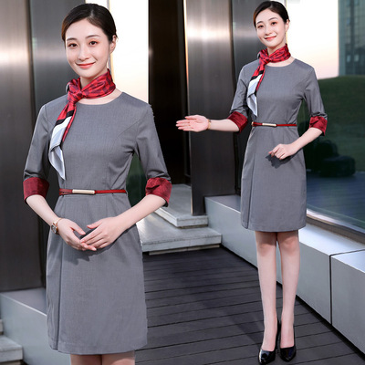 空姐職業裝連衣裙中袖新款氣質航空制服售樓部酒店迎賓工作服裙子