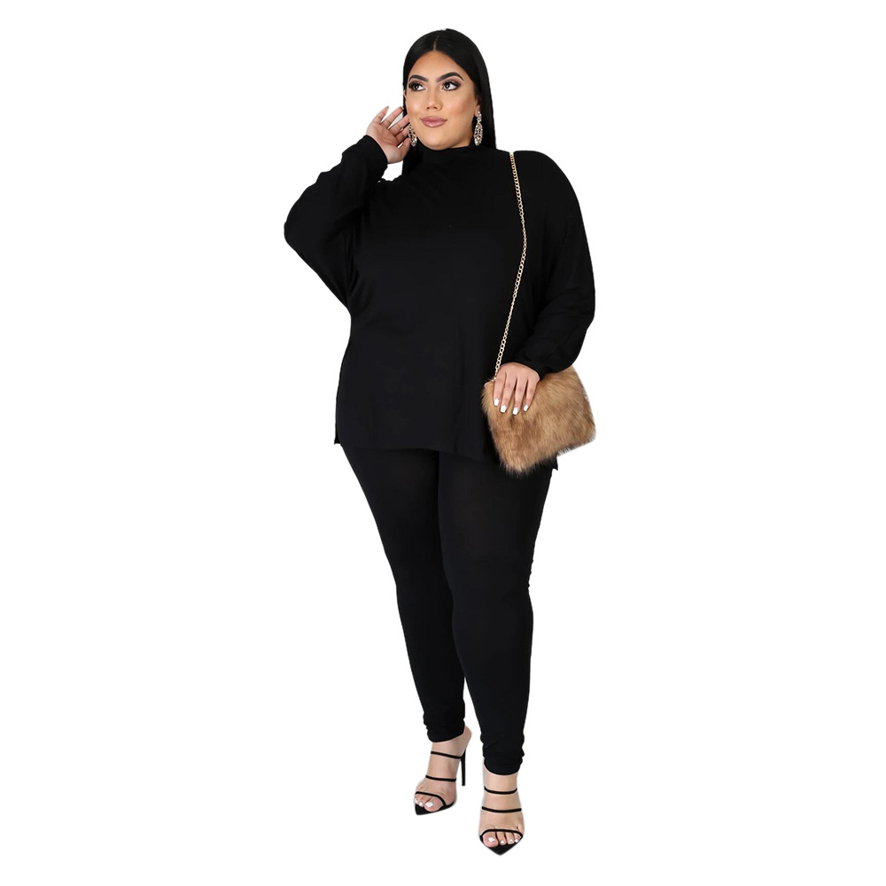 Long Sleeve Top With Trousers Plain Large Size Sets