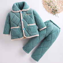 新款冬季儿童三层夹棉睡衣女童保暖加厚男女童宝宝小孩家居服套装