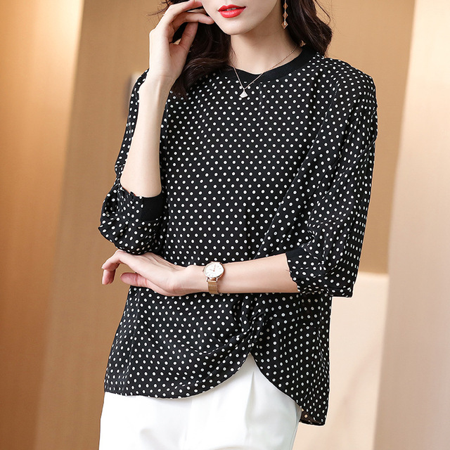 Elegant thin polka dot silk shirt knotted round neck casual silk blouse female