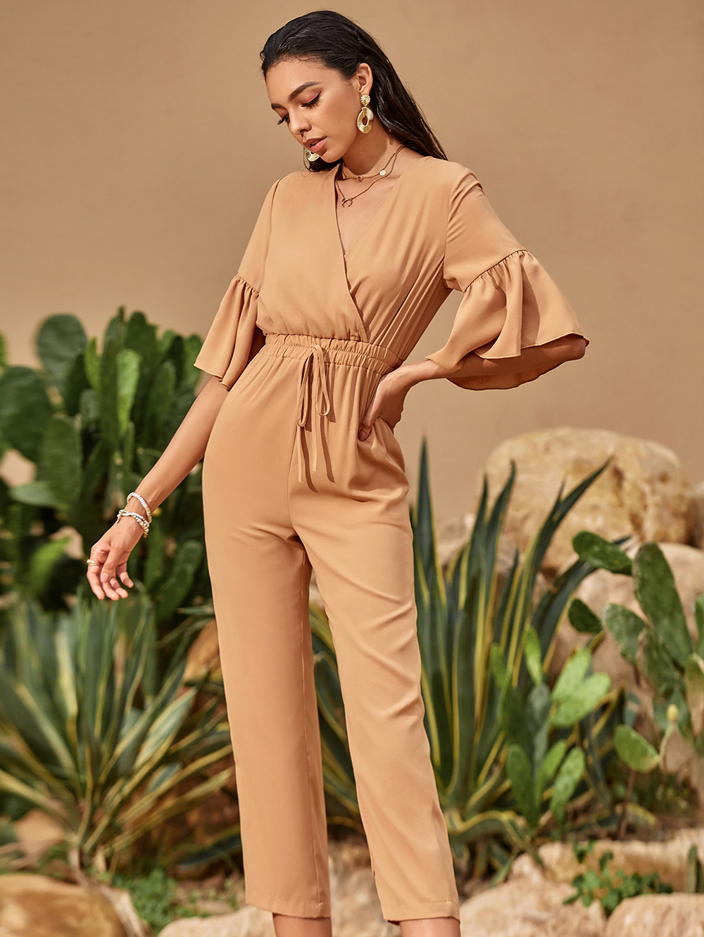 casual high-waist straight-leg strappy jumpsuit  NSDF10213