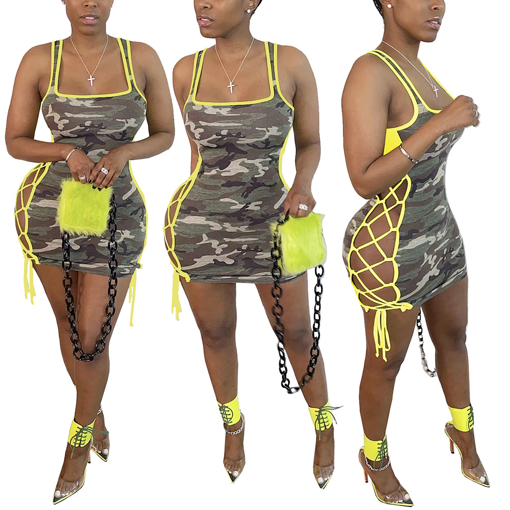 W8264 一件代发亚马逊独立站跨境女装 时尚性感绑带迷彩连衣裙