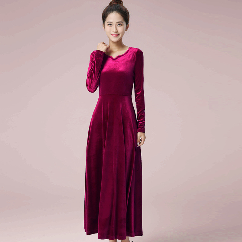 716春装丝绒连衣裙女长袖高腰连衣裙宴会晚礼长裙 优雅气质连衣裙
