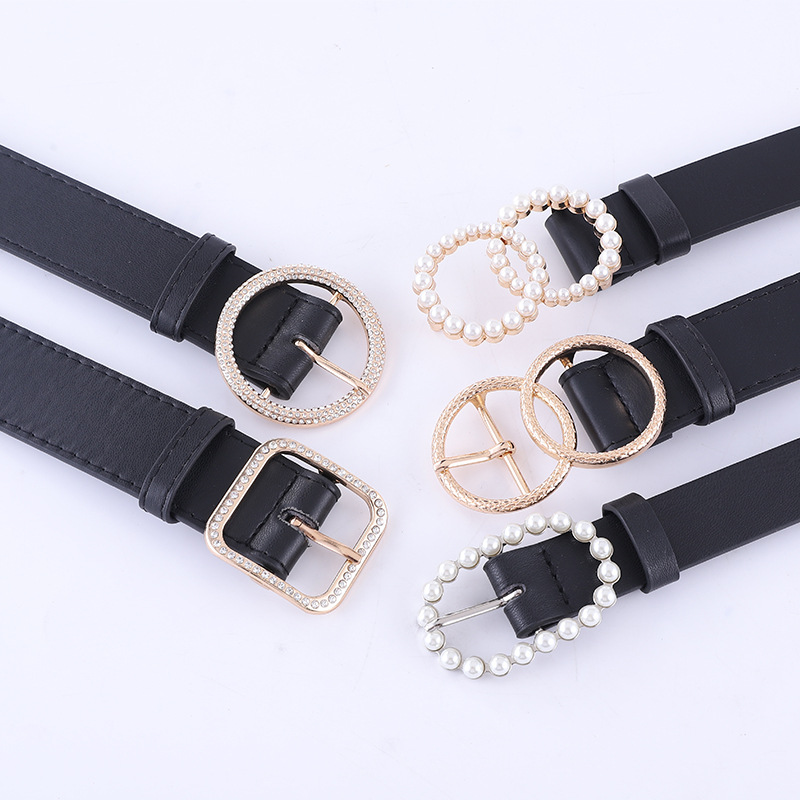 Fashion foreign trade combination explosion models ladies black belt inlaid water drill pearl buckle high-end accessories belt spot