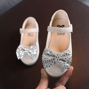 Girls' rhinestone bow fashion small leather shoes Children's shiny flat shoes single-layer shoes girls' high-end princess shoes soft bottom