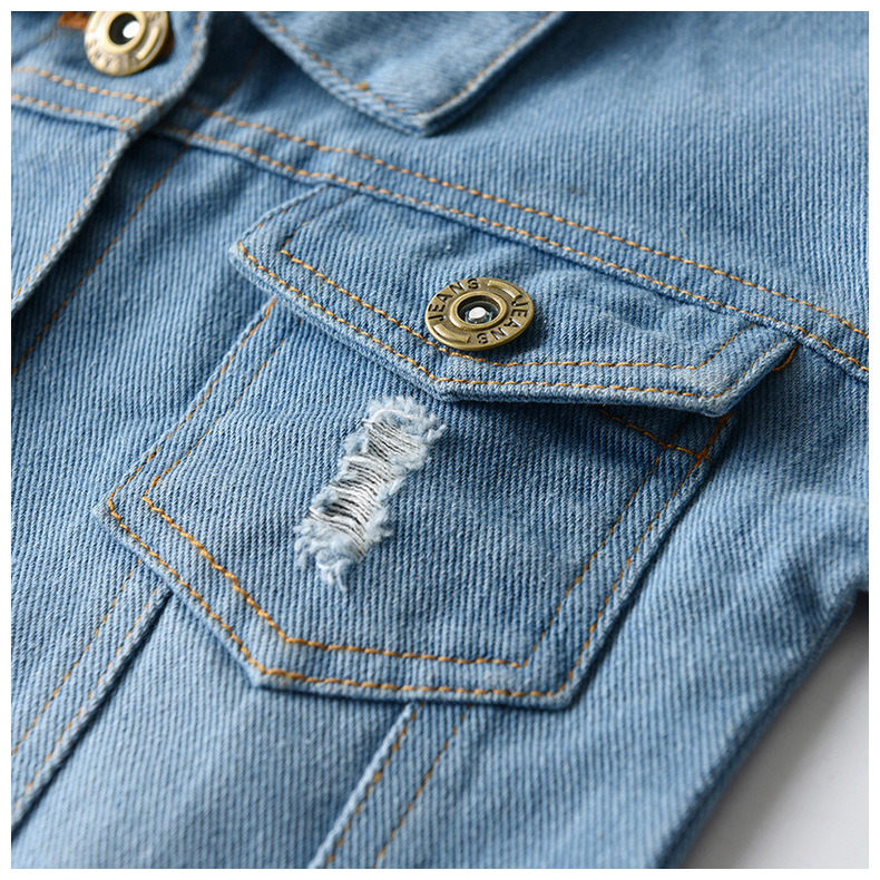 Veste Pour Enfants Cardigan En Détresse Denim Court À Manches Longues Revers Vêtements Bébé En Gros display picture 5