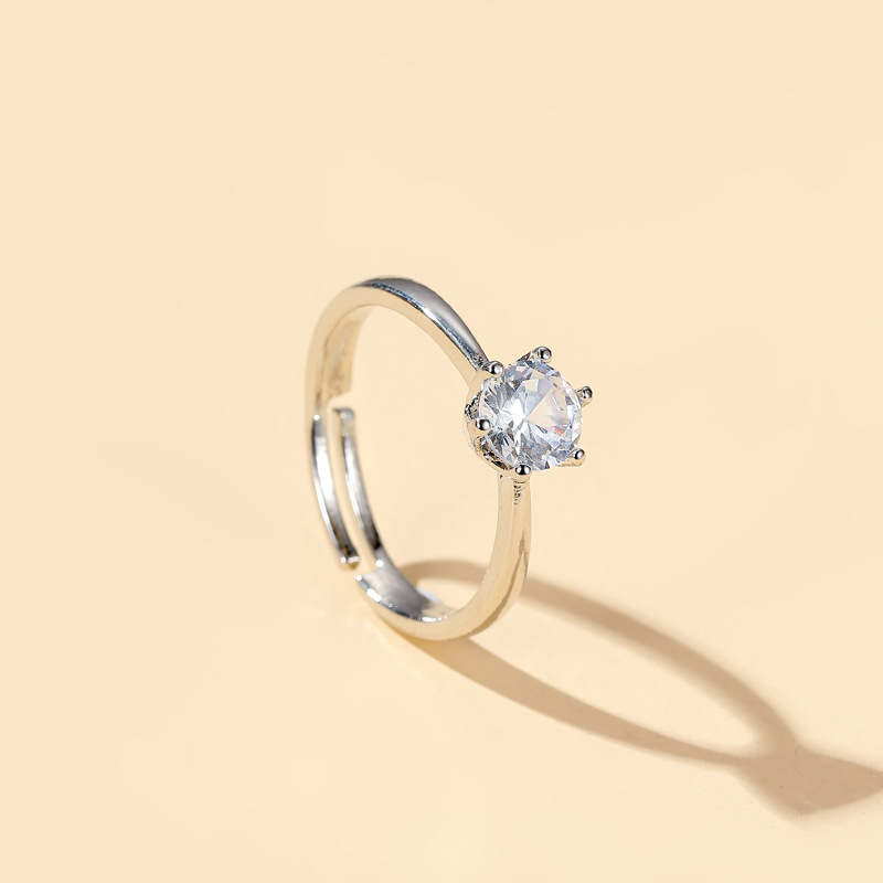 Bague Ouverte Incrustée De Six Griffes, Couronne Classique, Couple De Diamants De Mode Simple display picture 3
