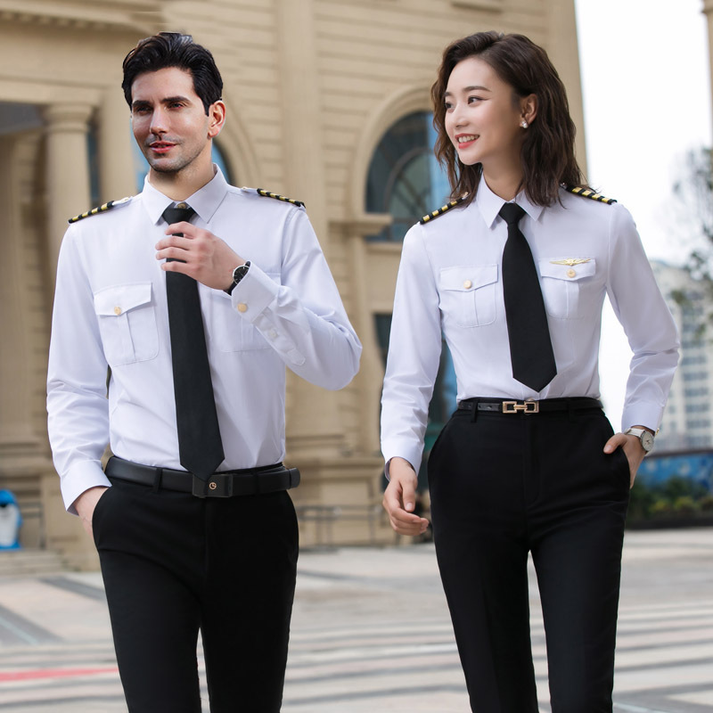 Pilot Long Sleeve Shirt Men's and Women's Flight Attendants Uniform Captain's Navy Shirt Business Suit Seamen's Work Clothes