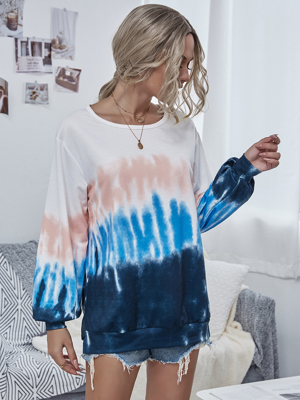   new round neck tie-dye sweater women long-sleeved pullover sports loose top  NSDF1283