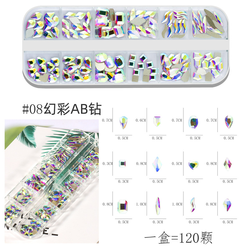 Transfronterizo nuevo Diamante de uñas DIY caja larga de uñas plana de forma especial de diamante color mágico AB Moonlight diamante joyería de uñas