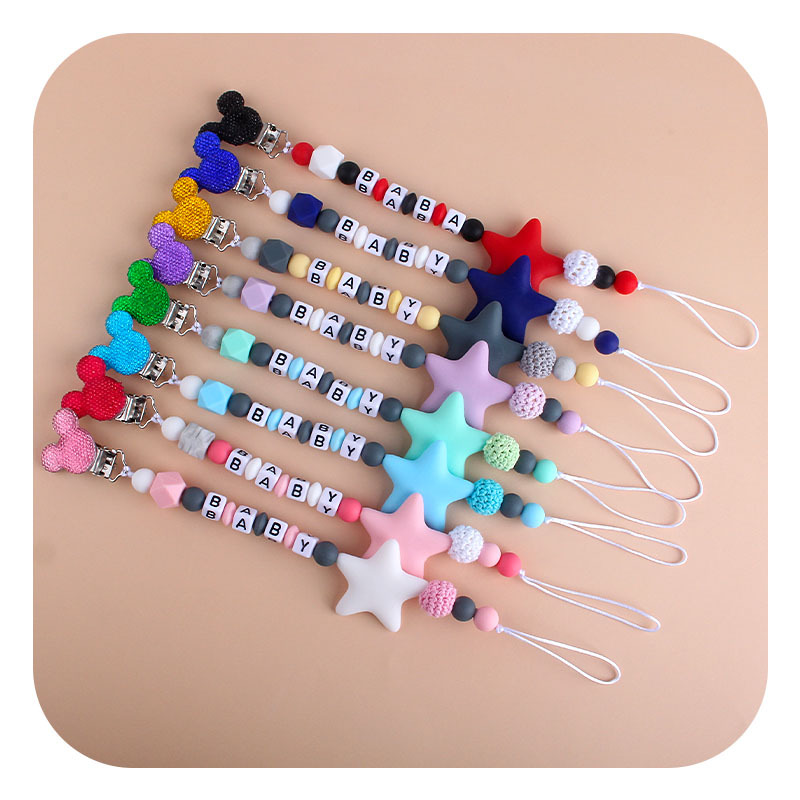 Suministros para bebés Mickey chupete clip calmante Cadena de chupete de silicona Big Star mordedor cadena anti-caída nombre del bebé