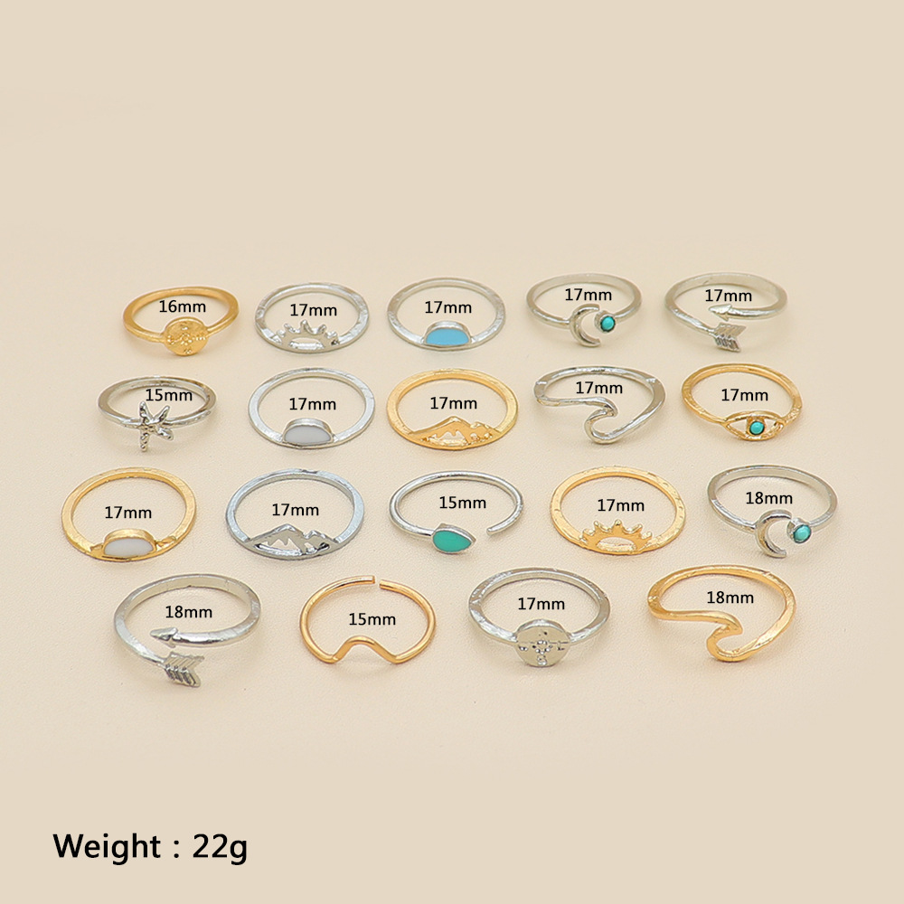 Fashion Gold And Silver Opening Turquoise Sun Fishtail Starfish Arrow Knuckle Ring Set 19 Pieces display picture 2