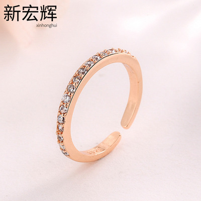 玫瑰金银色单排钻戒指女韩版时尚皓石尾戒指环气质百搭戒指批发