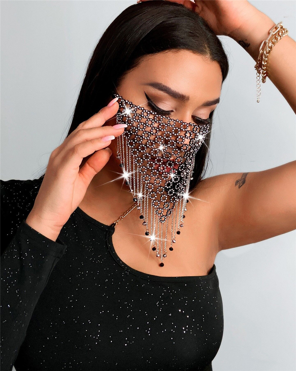 Rhinestone stitching flash drill tassel mouth mask NSYML132252