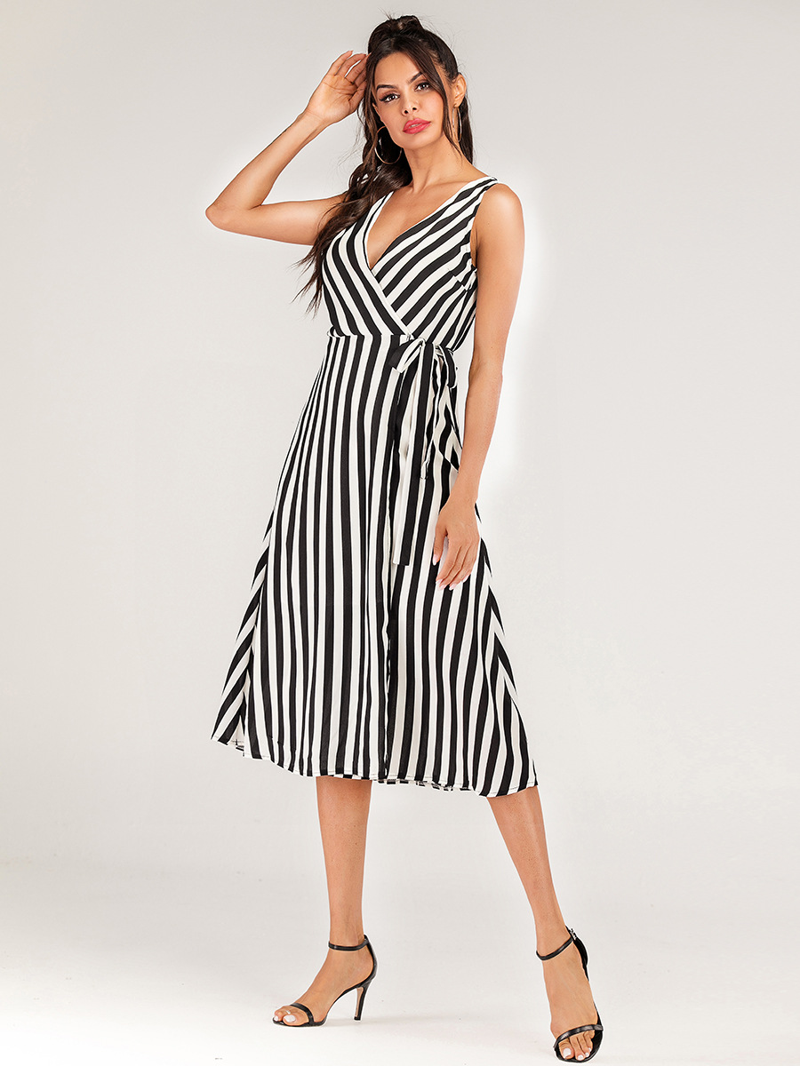 wholesale women s clothing Nihaostyles lace-up V-neck black and white striped sleeveless dress NSJR66109