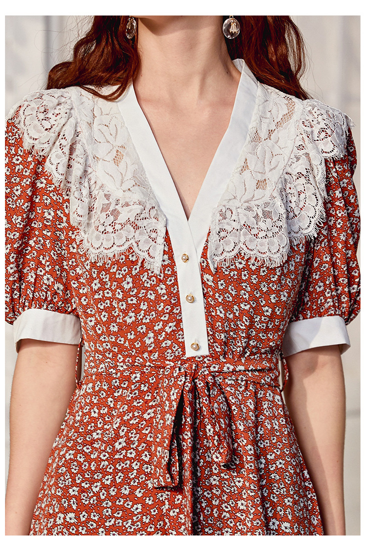 summer print short sleeve lace dress  NSXS37364
