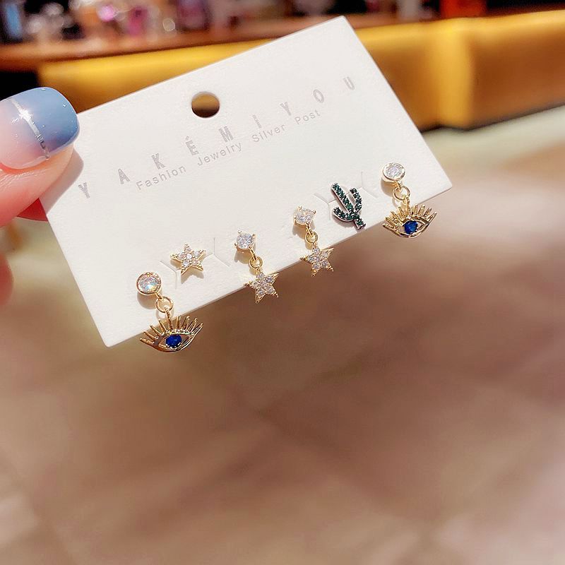 Korean Earrings Set S925 Silver Needle Zircon Micro-inlaid Five-pointed Star Cactus Eyes Earrings Wholesale Nihaojewelry display picture 4