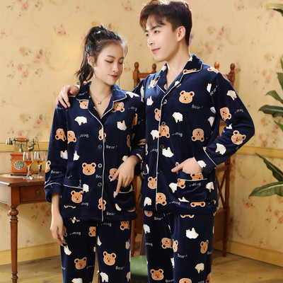秋冬季长袖保暖海岛绒睡衣情侣时尚简约甜美少女可爱家居服冬套装