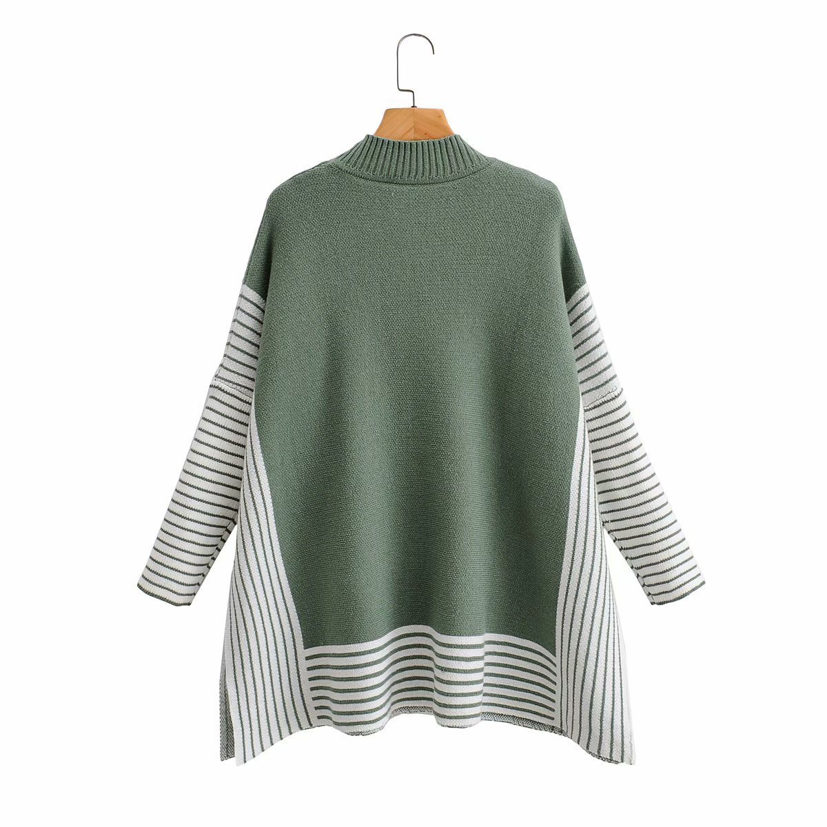 round neck striped stitching loose mid-length sweater NSAM6316