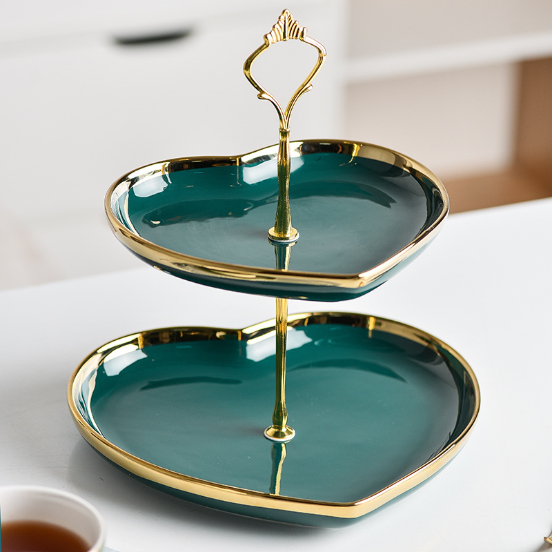 Placa de cadena de cerámica verde oscuro nórdico creativo plato de fruta de amor de doble capa merienda mesa de postre bandeja de cerámica plato de fruta seca