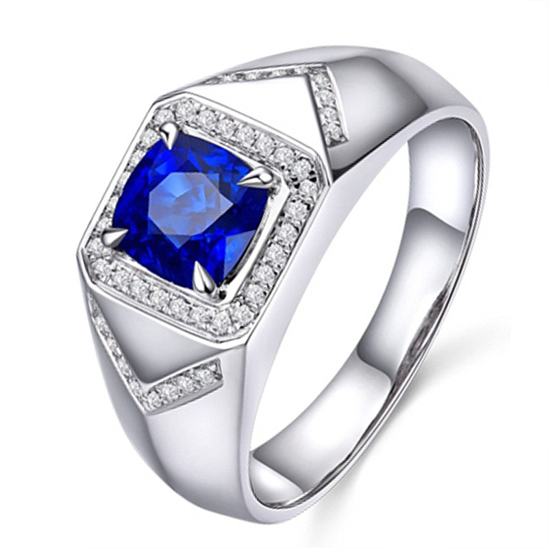 Korean version of square diamond sapphire blue diamond ring men's ring plated 18K diamonds inlaid blue corundum crystal hearts and arrows