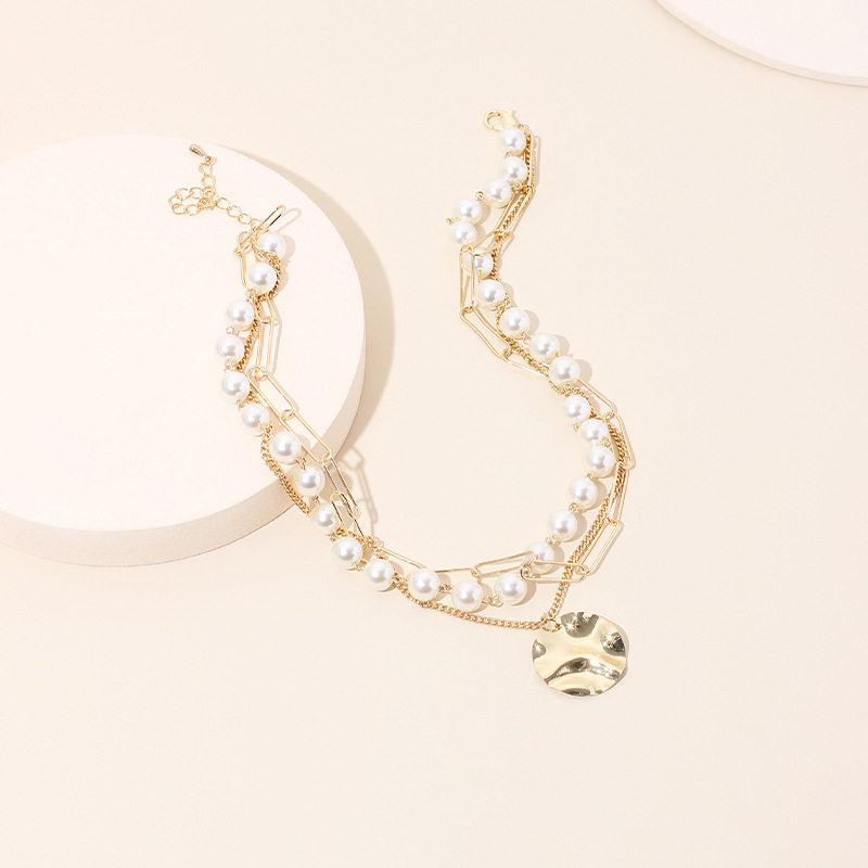 38g Weight Necklace Classification Wedding, Travel Occasion Women'S Gender Fashion Style Gold Color Fashion Multi-layer Pearl Disc Necklace Simple Fashion Short Clavicle Necklace 2
