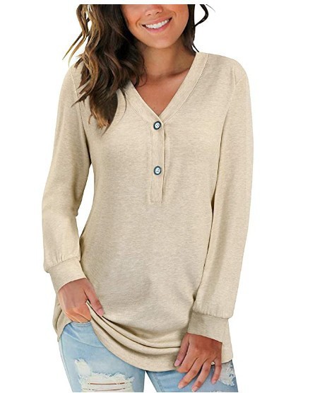 2024 Herbst grenzüberschreitendes neues Amazon eBay Langarm-T-Shirt-Oberteil mit V-Ausschnitt und Knopfdruck für Damen – Detail 5