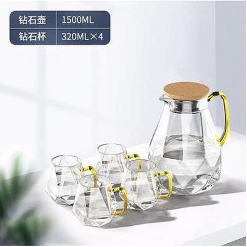 Fábrica al por mayor diamante botella de agua fría gran capacidad vidrio borosilicato resistente al calor botella de agua fría hogar taza de agua hervida conjunto