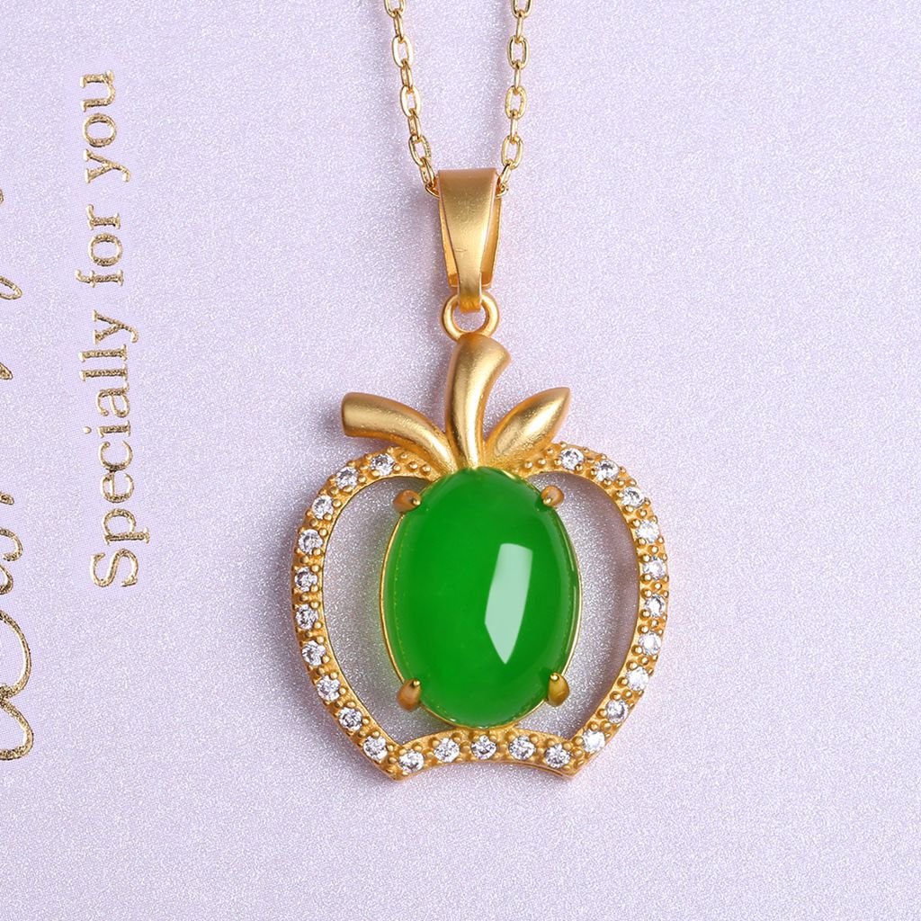 925银玉髓苹果吊坠古法金镶嵌工艺绿玉髓直播货源厂家|ms