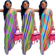 CY8569 歐美跨境女裝 亞馬遜獨立站熱銷 彩色條紋寬松吊帶連衣裙