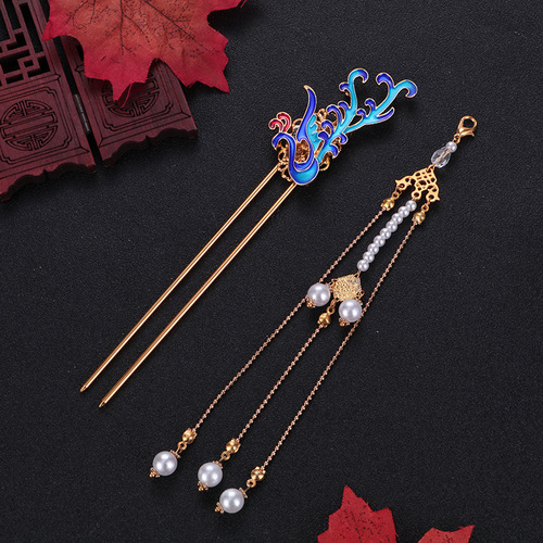 chinese hanfu hair accessory for girls Chinese Hanfu costume headdress: burnt blue peacock; Ming Dynasty hairpin; hairpin crown; cuishao blue hairpin set; ancient hair ornament: tassel