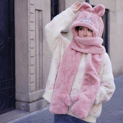 帽子围巾手套一体女冬可爱百搭加厚保暖三件套骑车防风围脖套帽潮