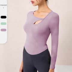 New autumn and winter women's yoga long-sleeved with chest pad sexy hollow tight fitness running sports top 02518